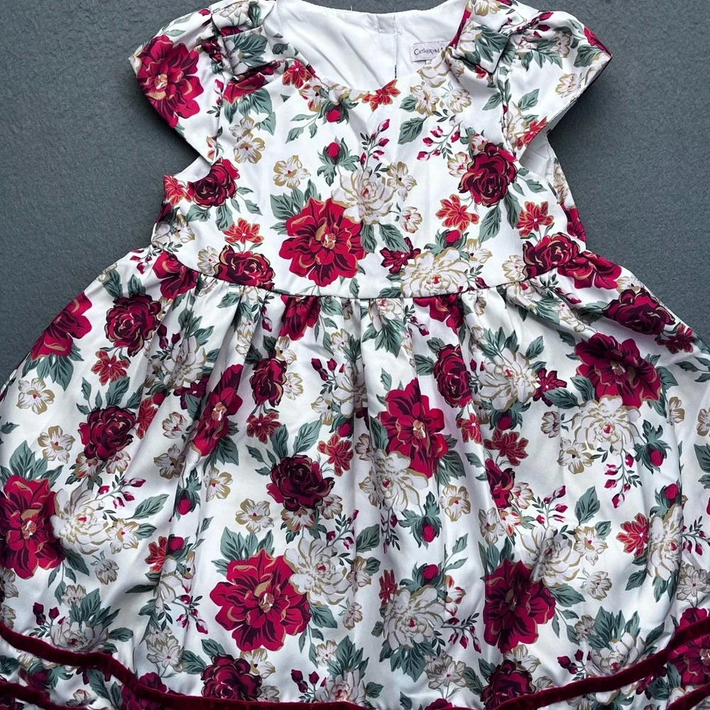 Catherine Malandrino Girls Floral Bubble Hem Dress Red‎ White Velvet Trim Size 4